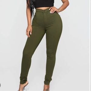 Fashion Nova super high waist denim skinnies; olive; size 27; new w/o tags.